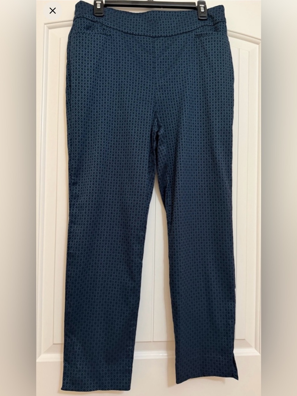 Chico's Teal/Navy Textured Diamond Textured Pattern Stretch Pants Sz 2R (12R)